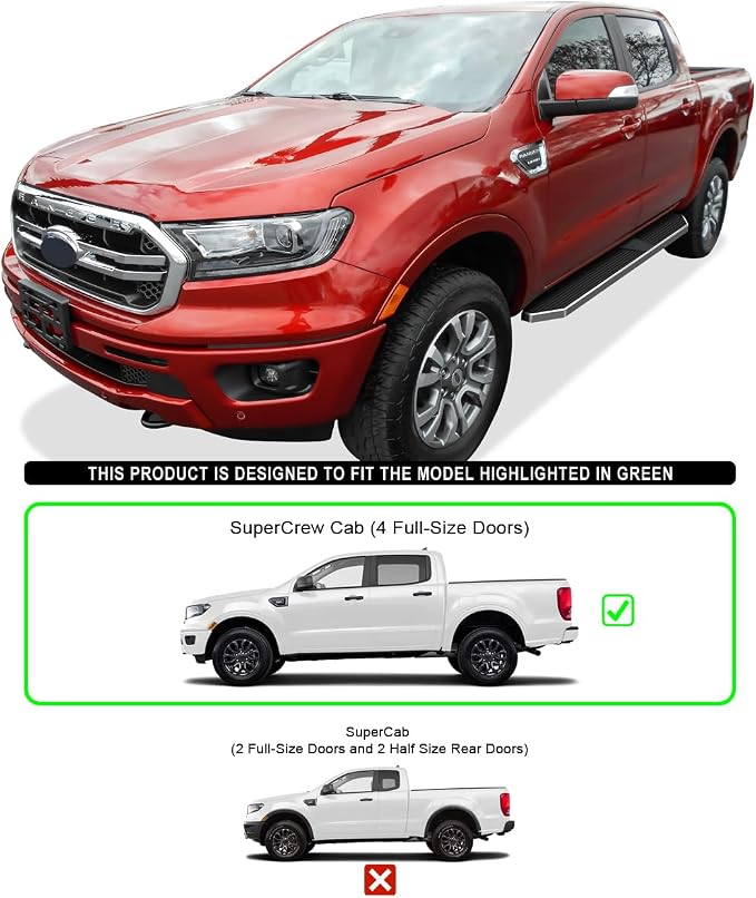 APS Polished Running Boards Style Compatible with Ford Ranger 2019-2026 SuperCrew Cab 4-Door (Side Steps Side Bars) 6in Wide 304 Stainless Steel
