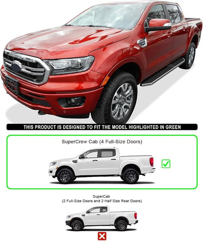 APS Polished Running Boards Style Compatible with Ford Ranger 2019-2026 SuperCrew Cab 4-Door (Side Steps Side Bars) 6in Wide 304 Stainless Steel