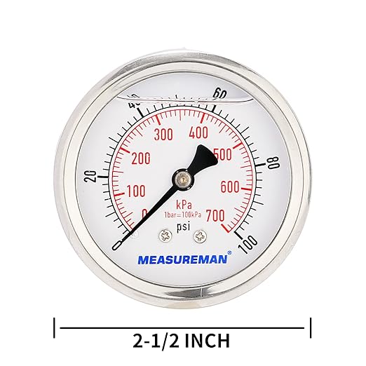 MEASUREMAN 2-1/2inch Dial Size, Glycerin Filled Pressure Gauge, 0-100psi/kpa, 304 Stainless Steel Case, 1/4 Inch NPT Center Back Mount