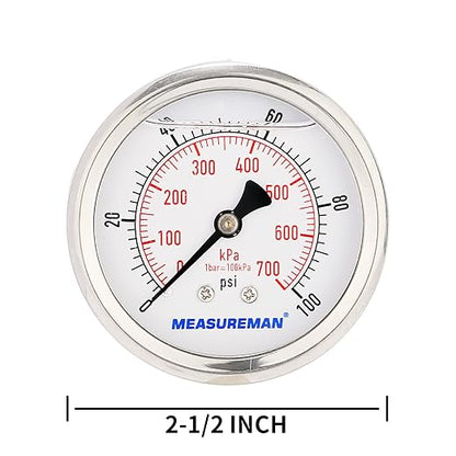 MEASUREMAN 2-1/2inch Dial Size, Glycerin Filled Pressure Gauge, 0-100psi/kpa, 304 Stainless Steel Case, 1/4 Inch NPT Center Back Mount