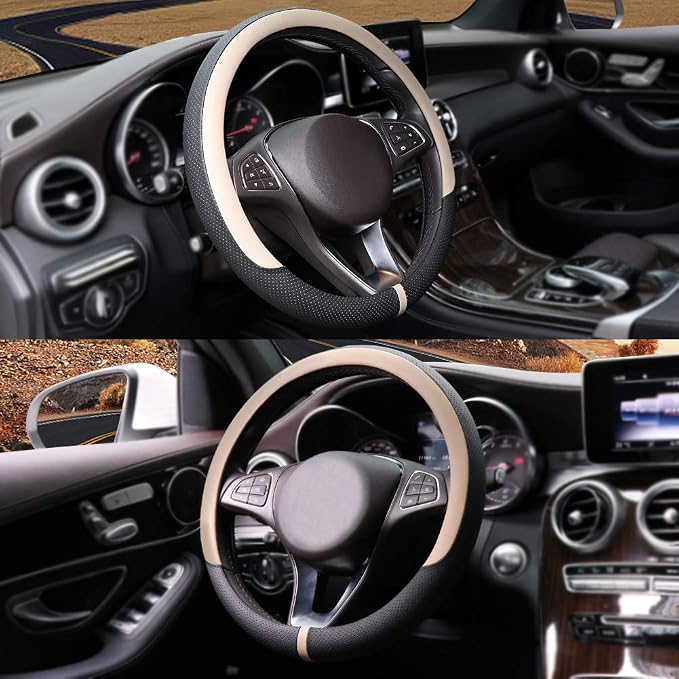 COFIT Breathable Car Steering Wheel Cover 15 inch Auto Universal Leather Wrap Non-Slip Steeringwheel Protector Automotive Interior Accessories, Beige (Suit for 14 1/2-15 inch)