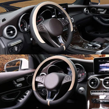 COFIT Breathable Car Steering Wheel Cover 15 inch Auto Universal Leather Wrap Non-Slip Steeringwheel Protector Automotive Interior Accessories, Beige (Suit for 14 1/2-15 inch)