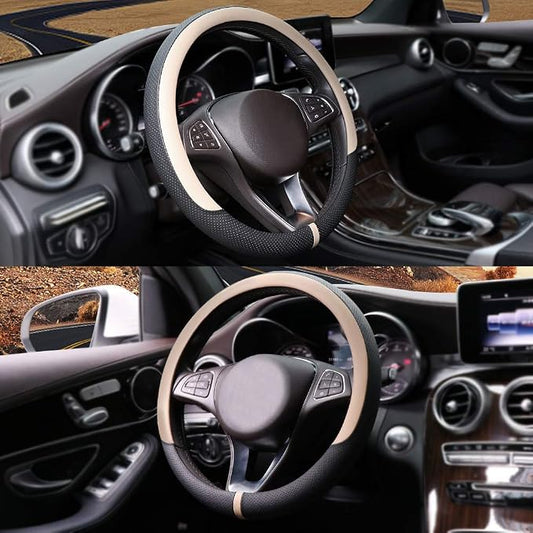 COFIT Breathable Car Steering Wheel Cover 15 inch Auto Universal Leather Wrap Non-Slip Steeringwheel Protector Automotive Interior Accessories, Beige (Suit for 14 1/2-15 inch)