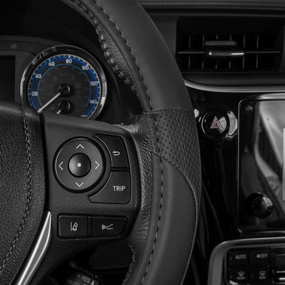 Motor Trend Perforated Microfiber Leather Steering Wheel Cover for Cars Trucks SUVs Vans, Sporty Racing Improved Grip Anti-Fatigue Ergonomic Design, Airbag Compatible - Fits Standard 15" Inch - Black