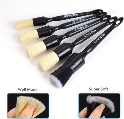 MVEQRRN 5pcs Car Detailing Brush Set, Boar Hair Car Detailing Brushes, Ultra Soft Scratch-Free Car Interior Detail Brush for Leather Seats,Detail Brushes Car Detailing for Interior Exterior.