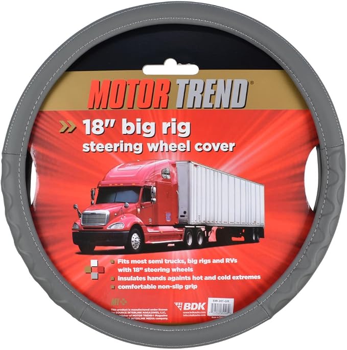 BDK Motor Trend Ergonomic Leather Grip Steering Wheel Cover for Big Rigs Trucks Semis 18" Large Heavy Duty Non Slip Long Haul Long Drives Transportation, Comfortable Anti-Fatigue (Gray)