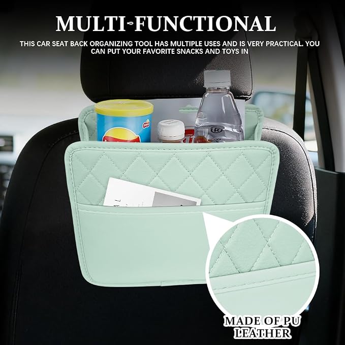 Car Seat Back Organizer, Leather Backseat Hanging Storage Bag, Multipurpose Car Hanging Trash Bag with 2 Compartments, Car Large Capacity Pouch Pocket for Kids & Adults (Green)