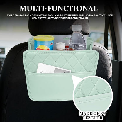 Car Seat Back Organizer, Leather Backseat Hanging Storage Bag, Multipurpose Car Hanging Trash Bag with 2 Compartments, Car Large Capacity Pouch Pocket for Kids & Adults (Green)