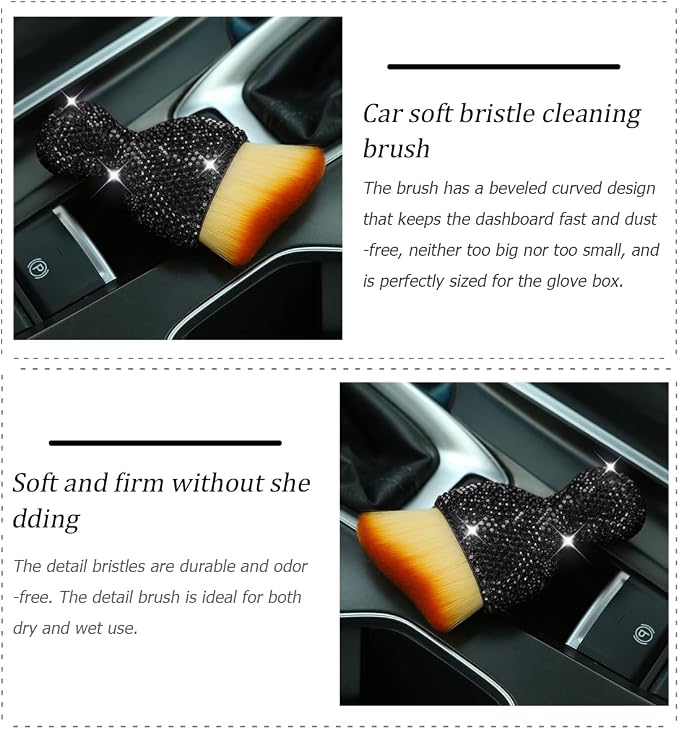 Bling Car Interior Dust Brush, Crystal Rhinestone Soft Auto Detailing Cleaning Brush, Sparkling Diamond Vehicle Dashboard Air Vent Cleaner for Women Girls, Universal for Vehicles (Black)