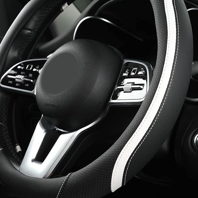 Car Steering Wheel Cover, Leather Steering Wheel Cover White Universal 14.5-15 Inch Microfiber Leather Anti-Slip Breathable Auto Steering Wheel Covers for Men Women(Black & White)