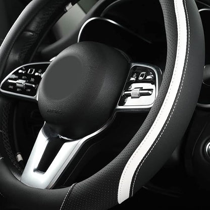 Car Steering Wheel Cover, Leather Steering Wheel Cover White Universal 14.5-15 Inch Microfiber Leather Anti-Slip Breathable Auto Steering Wheel Covers for Men Women(Black & White)