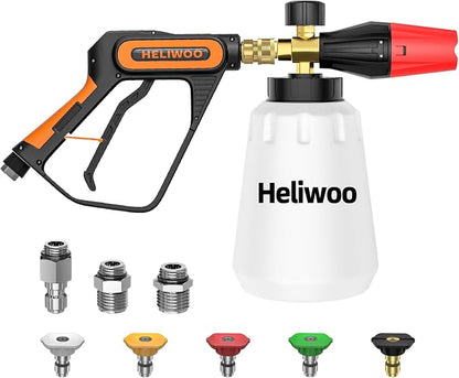 Short Pressure Washer Gun with Foam Cannon 5000 PSI, 1/4 Inch Quick Connector, with 5 Pressure Washer Nozzle Tips, 1 Liter
