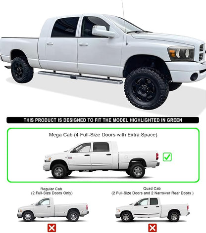 APS (304 Stainless Steel Polished Silver 5 inches) Running Boards Nerf Bars Side Steps Compatible with Dodge Ram 1500 2006-2008 Mega Cab & Ram 2500 3500 2006-2009(91in D2D Short Version)