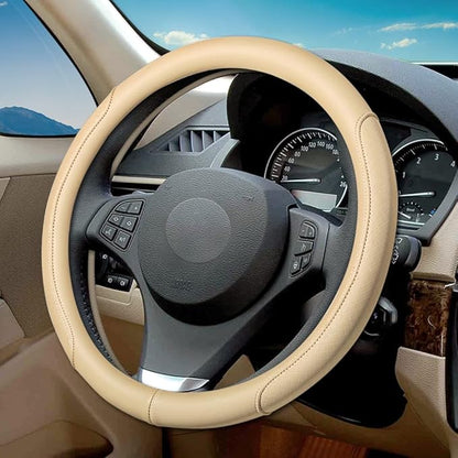 Microfiber Leather Steering Wheel Cover with Classic Embossing, Anti-Slip Breathable Auto Car Wheel Protector, Fit 15 Inch (Beige)