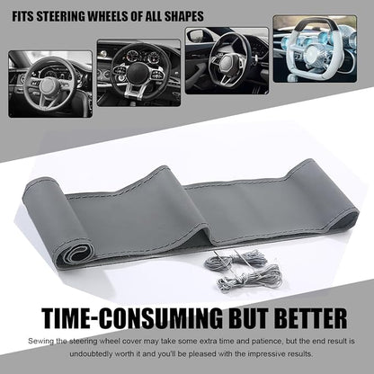 Wevdn Genuine Leather Steering Wheel Cover, Stitch on Wrap, DIY Sewing Steering Wheel Protector, 15 Inch Breathable Non-Slip Steering Wheel Protector, Car Accessories (Gray, Glossy)