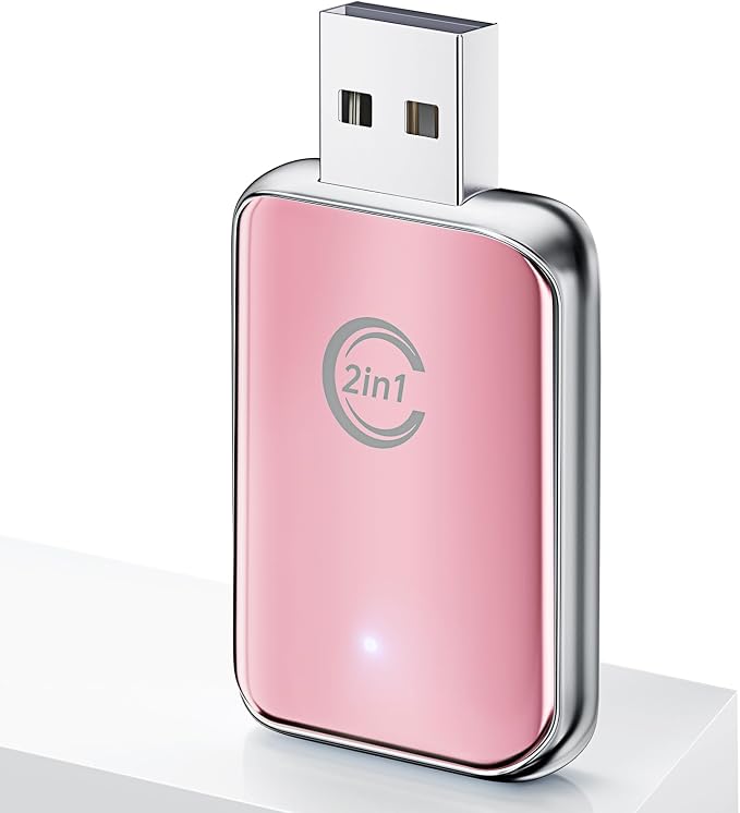 Wireless Carplay Adapter for iPhone, Convert Wired Carplay to Wireless, 2 in 1 Plug and Play Mini CarPlay Android Auto Adapter for iOS 10 Android 11 and Above, Cars with Built-in Carplay (Rose Pink)