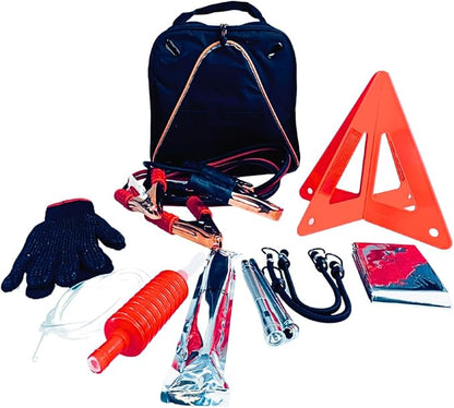 12-Piece Roadside Emergency Tool and Auto Kit with Jumper Cables, Warning Triangle, Gas Siphon, Mylar Blanket, Bungee Cords, Glow Sticks, Gloves, Flashlight, Tire Gauge, Carrying Case