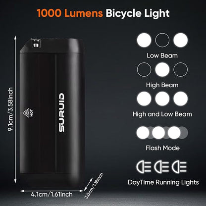 Suruid Super Bright LED Bike Light, USB Rechargeable Bicycle Headlight, Waterproof Bike Headlight, Waterproof Bike Headlight,Daytime Running Light,MTB Off-Road Cycling Commuting
