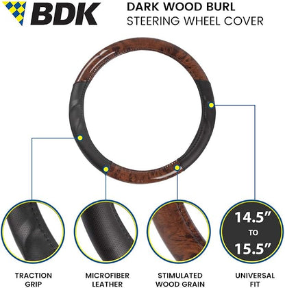 BDK Dark Wood Grain Steering Wheel Cover with Black Faux Leather Comfort Grip, Standard 15 inch Size, Car Steering Wheel Cover for Truck Van SUV Auto