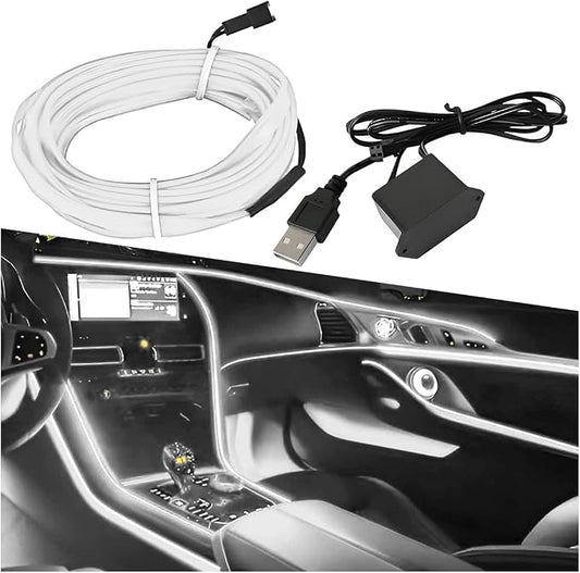 ZIMISI EL Wire Car Interior LED Strip Lights, 5V 16FT Neon Light Strip with Sewing Edge, USB Electroluminescent Car Interior Lights with Fuse Protection, Vehicle Ambient Lighting Decorations (White)