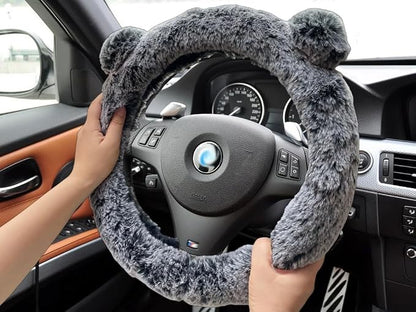 Fuzzy Steering Wheel Cover, Cute Fluffy Car Wheel Cover Women Bear Panda Ears 14.5" 15inch, Soft Warm Furry Plush Wool Fur Wheel Protector & Handbrake & Gear Shift Cover Set, Winter Warmer hands, Grey
