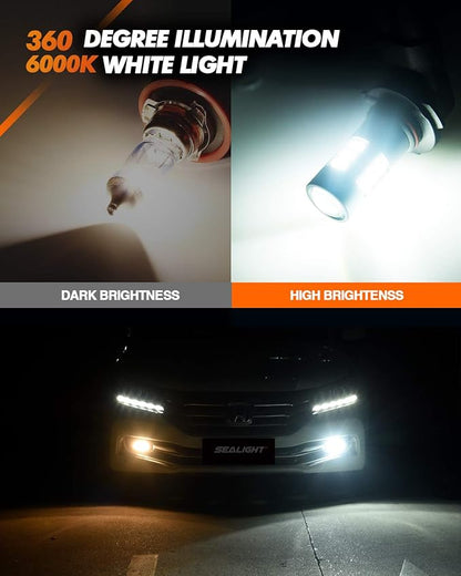 SEALIGHT H11 H8 H16 LED Fog Light Bulbs or DRL, Real 360° illumination Fog Bulbs, 6000K 400% Brightness Upgraded, H16 Front Fog Lamp,Non-polarity, Pack of 2, Plug&Play