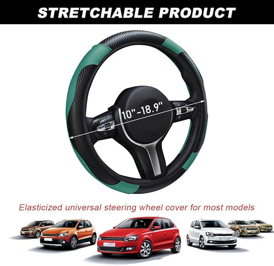 DXNQ Car Steering Wheel Cover, 15 Inch Carbon Fiber Leather Stitching Color Steering Wheel Protector, Anti-Slip Elastic Breathable Steering Wheel Cover Stylish Decor for Most Cars (Black Green)