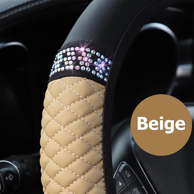 Osilly Bling Car Steering Wheel Cover, 15 Inch Rhinestones Soft Leather Elastic Steering Wheel Protector, Sparkly Crystal Diamond for Women Girls (Beige)