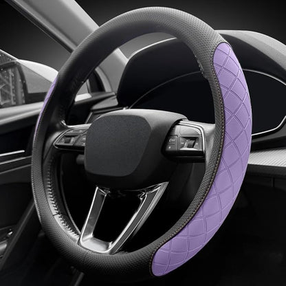 LKWLIKEI Nappa leather steering wheel cover,elegant diamond checkered design, non-slip wear-resistant, enhance driving comfort, suitable for steering wheel diameter 14 1/2‘-15’ models.Black and purple