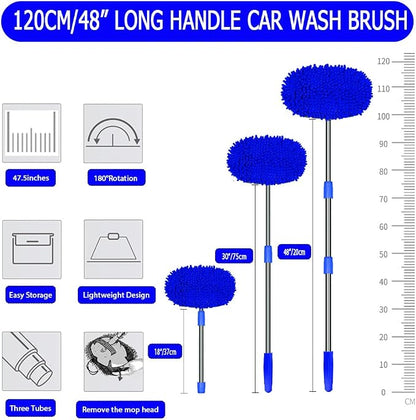 WillingHeart 47.5" Car Wash Brush Mop Cleaning Tool with Long Handle Kit for Washing Detailing Cars Truck, SUV, RV, Trailer, Boat 2 in 1 Chenille Microfiber Sponge Duster Not Hurt Paint Scratch Free
