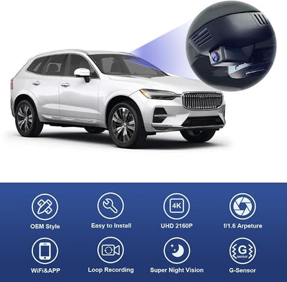 Fitcamx 4K Dash Cam Suitable for Volvo V90 XC60 S90 2022-2026 B5 B6 T8 (Model B), OEM Factory Look, 2160P UHD Video, Built-in WiFi & APP, Loop Recording, G-Sensor, Easy to Install, 64GB Card
