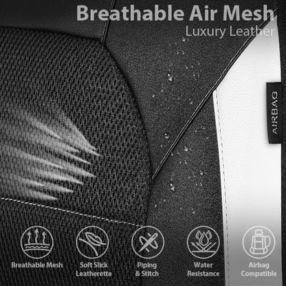 CAR PASS Universal Leather Car Seat Covers Full Set with Sporty Design, Breathable All Season Easy to Clean Anti-slip Wear-Resistant Automotive Seat Covers Fit for Most Cars, SUVs, Trucks, Black White
