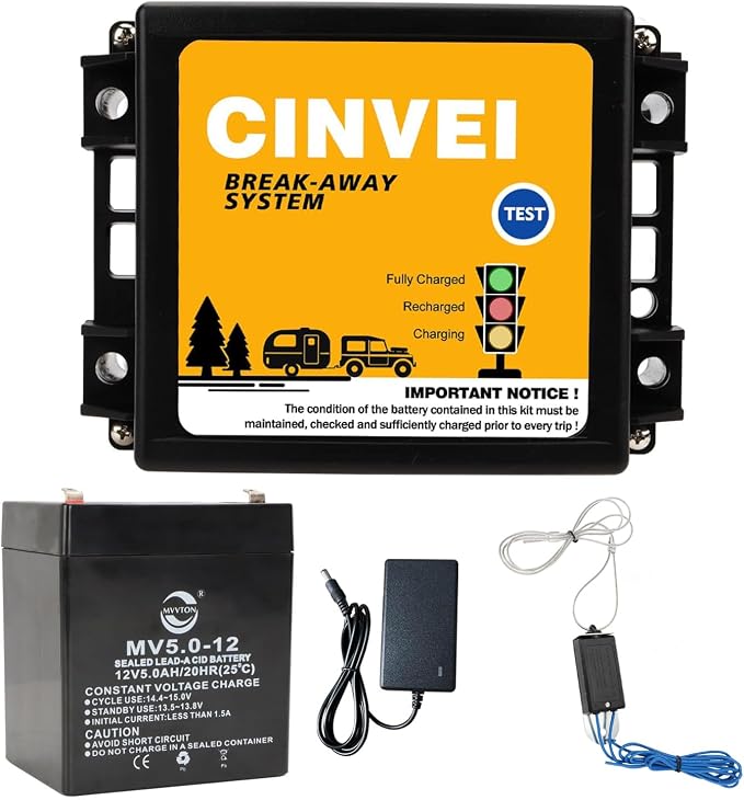 Trailer Brakes Breakaway Kit with Charger, LED Indicator, Switch, 12V 5AH Battery for Trailer Caravan