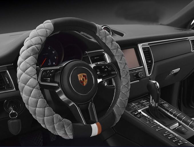 HAOKAY Luxury Fluffy Steering Wheel Cover for Men Women,Soft Warm Short Plush Steering Wheel Cover Gray Fuzzy with Universal 14.5-15 Inch