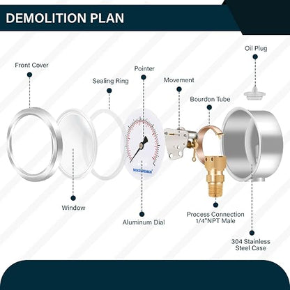 MEASUREMAN 2-1/2inch Dial Size, Oil Filled Pressure Gauge, 0-600psi/4000kpa, 304 Stainless Steel Case, 1/4inchNPT Lower Mount