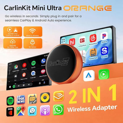 Carlinkit Mini Ultra 3 Wireless CarPlay Adapter, 2026 Upgrade Wireless Android Auto [Dual Band 5G/2.4G], Plug & Play for OEM Wired Cars, for iPhone iOS 10+ & Android 11+, Ultra Compact, Orange