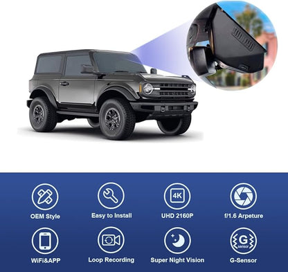 Fitcamx 4K Dash Cam Suitable for Ford Bronco 2021-2024 & Rapor (Not for Bronco Sport) HD2-14873, OEM Look, UHD 2160P Video, Built-in WiFi & APP, Loop Recording, G-Sensor, Plug & Play, 64GB Card