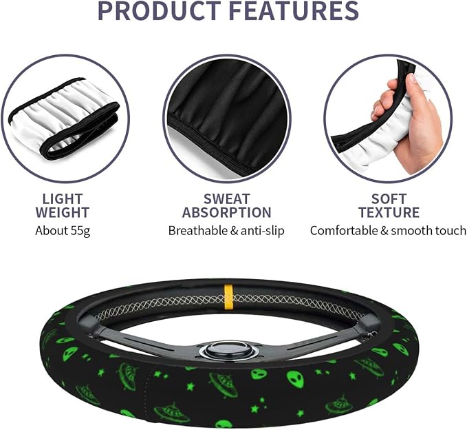 Galaxy Alien Spaceship Steering Wheel Covers Non Slip Neoprene Universal 15 Inch Steering Wheel Protector Car Cover for Men Women