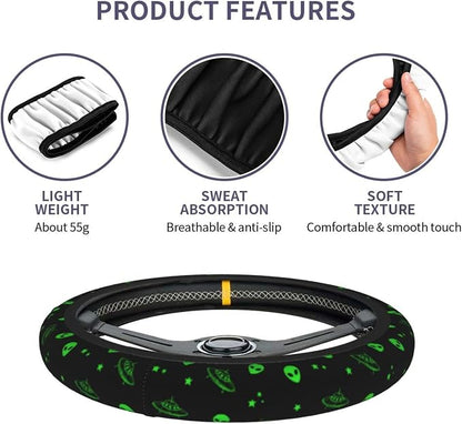 Galaxy Alien Spaceship Steering Wheel Covers Non Slip Neoprene Universal 15 Inch Steering Wheel Protector Car Cover for Men Women