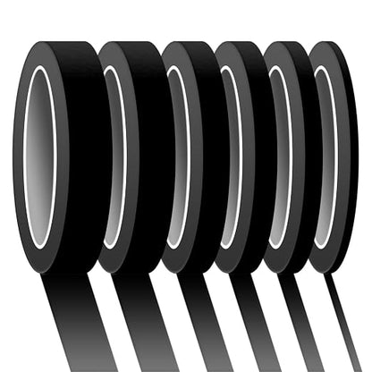6 Rolls Fine Line Tape 1/16, 1/8, 1/5, 2/5, 1/2, 3/4 Inch x 55 Yard Fineline Masking Tape Painter Adhesive Automotive for DIY Car Auto Paint (Black, Mixed Sizes)