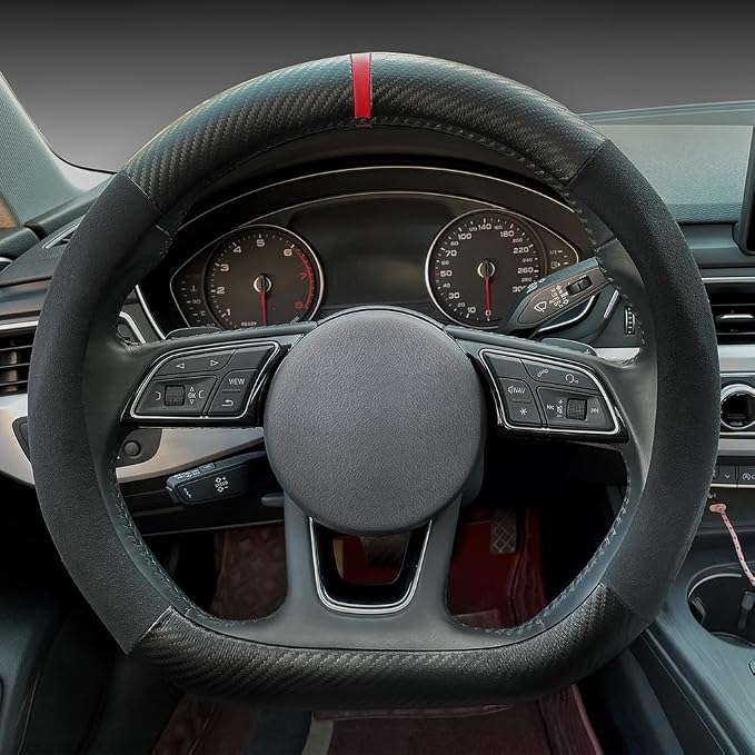 Carodi Suede Carbon Fiber Steering Wheel Cover，Non-Slip Leather Car Interior Fitting 15-inch Universal（D-Shape,Black Suede with Carbon Fiber）