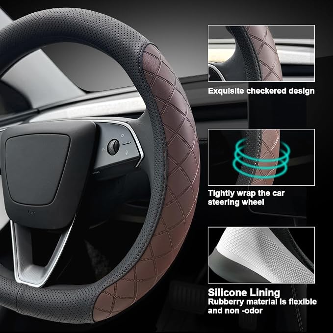 LKWLIKEI Leather Steering Wheel Cover. Elegant Diamond Checkered Design, Non-Slip and Breathable, for Tesla Model 3/Y Steering Wheel Protector,Black Brown
