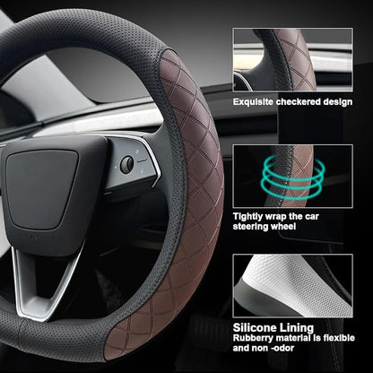 LKWLIKEI Leather Steering Wheel Cover. Elegant Diamond Checkered Design, Non-Slip and Breathable, for Tesla Model 3/Y Steering Wheel Protector,Black Brown
