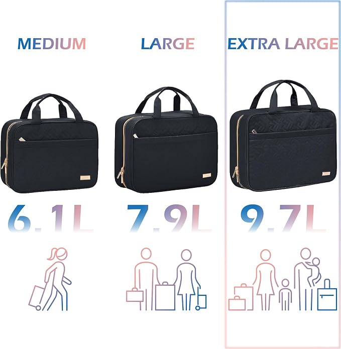 NISHEL Travel Toiletry Bag for women, Portable Hanging Organizer for Family-Sized Shampoo, Conditioner, Brushes Set, Makeup Accessories, Extra Large Size, Black