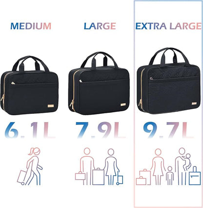 NISHEL Travel Toiletry Bag for women, Portable Hanging Organizer for Family-Sized Shampoo, Conditioner, Brushes Set, Makeup Accessories, Extra Large Size, Black