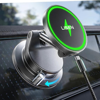 LISEN for 15W Magsafe Car Mount Charger, Magnetic Phone Holders for Your Car, Magnetic Wireless Car Charger, Suction Phone Mount for Car Accessories, Car Mount for iPhone 17 Pro Max 16 15 14 13 12 | [Lever Lock & Easiest Mount] Magsafe Car Mount Charge...