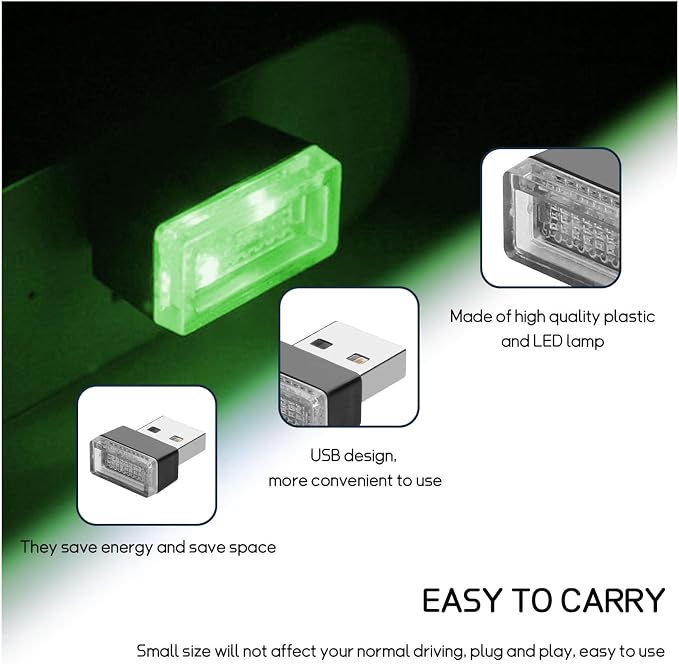 Dickno 4 PCS USB LED Car Interior Atmosphere Lamp, Portable Mini LED Night Light, Plug-in USB Interface Trunk Ambient Lighting Kit, Universal Vehicle Interior Accessories (Green)