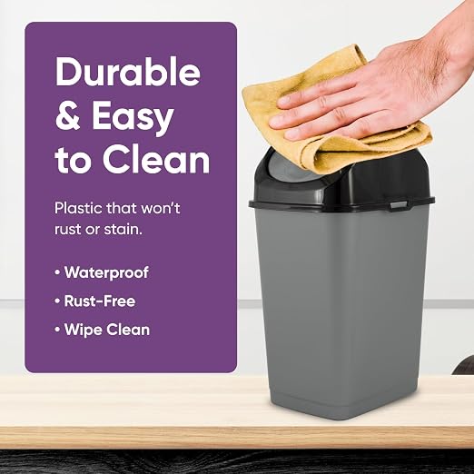 Superio Mini 1.25 Gallon and Small 2.5 Gallon Plastic Trash Cans with Swing Top Lid, Grey Waste Bin for Countertop, Desk, Vanity, Bathroom, 2 Pack (Grey/Black)