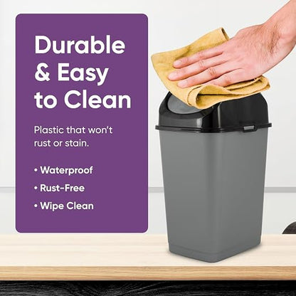 Superio Mini 1.25 Gallon and Small 2.5 Gallon Plastic Trash Cans with Swing Top Lid, Grey Waste Bin for Countertop, Desk, Vanity, Bathroom, 2 Pack (Grey/Black)