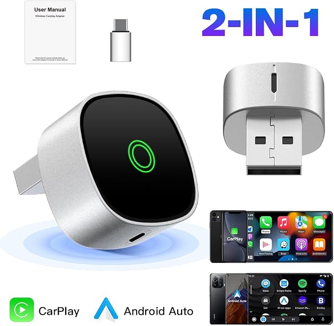 2-in-1 Wireless CarPlay Adapter for iPhone ＆ Wireless Android auto Adapter, Plug and Play USB/USB C Connection, Apple Car Play Wireless Adapter for iOS/Android